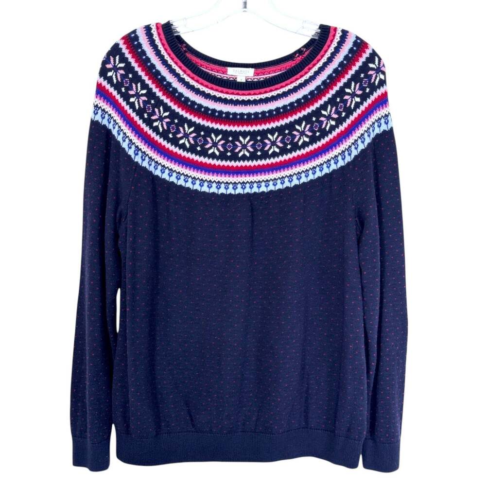 Nordic Fair Isle Sweater Pullover Navy Blue Raglan Heritage Ski Cozy Talbots X